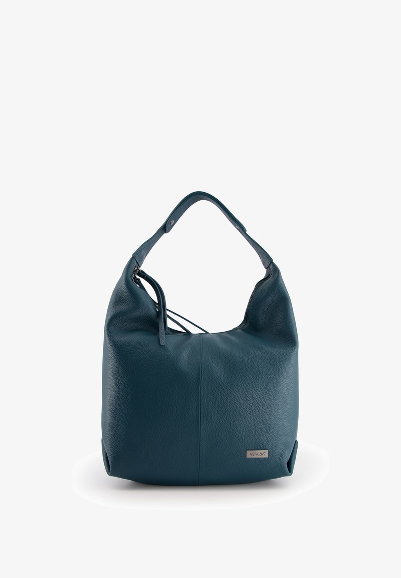 Teal leather shoulder bag with a slouchy shape, a top zipper closure, and a metallic brand accent on the front. Textured surface.