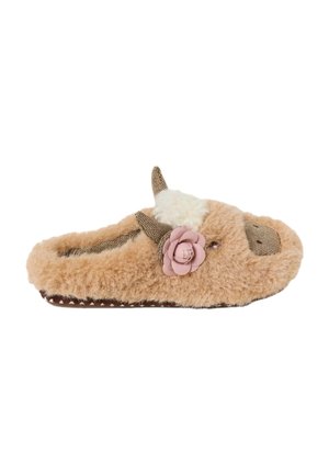 Soft, tan slipper shaped like a bear with fabric ears, a pink fabric flower, and a fluffy white patch on top.