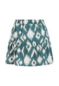 Zeleno-bílá vzorovaná sukně s elastickým pasem, vybavená vícevrstvým designem a texturovanou látkou v bohémském ikat stylu.