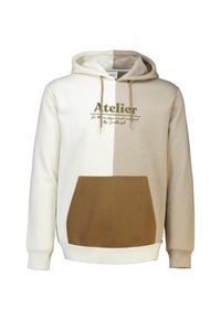 Hoodie met een kleurblokontwerp in witte, beige en bruine secties; inclusief een voorzak en bedrukte tekst.