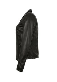 Schwarze Lederjacke mit einem taillierten Design, ausgestattet mit einem seitlichen Reißverschluss und glatter Textur. Lange Ärmel und ein steifer Kragen vervollständigen das Erscheinungsbild.