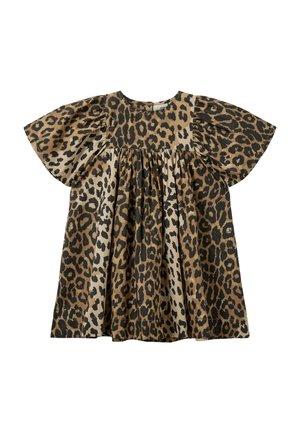 Detské šaty s krátkym rukávom, s nariaseným pásom a vzorom leopardej potlače v hnedej, čiernej a béžovej farbe na bavlnenom materiáli.