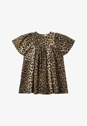 Detské šaty s krátkym rukávom, s nariaseným pásom a vzorom leopardej potlače v hnedej, čiernej a béžovej farbe na bavlnenom materiáli.