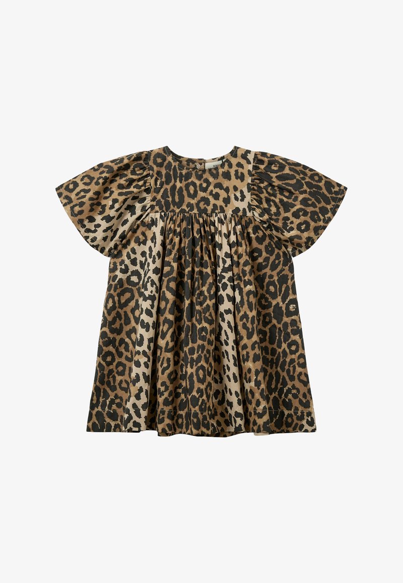 Robe pour tout-petit à manches courtes avec taille froncée et motif léopard marron, noir et beige sur tissu en coton.