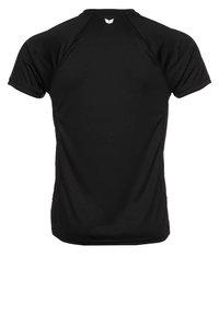 Maglietta atletica nera a maniche corte realizzata in tessuto traspirante. Presenta una superficie liscia, maniche raglan e un piccolo logo sul retro.