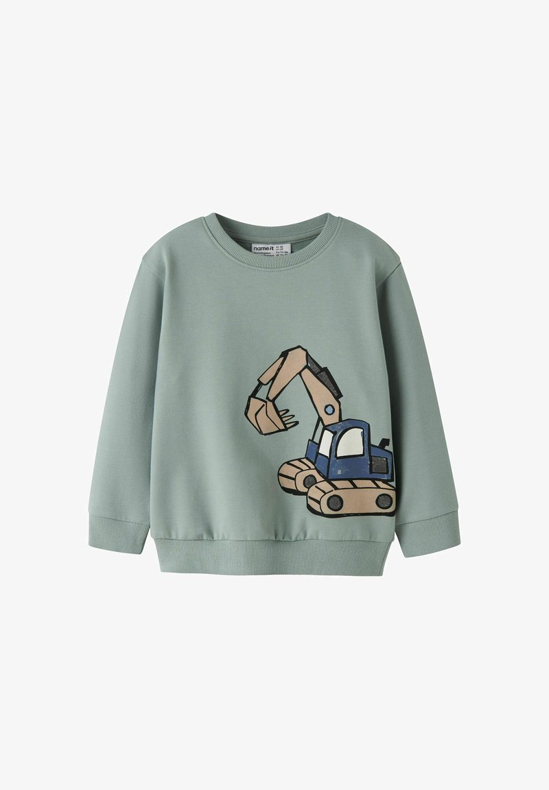 Sweat-shirt enfant vert clair à manches longues avec un grand motif d'excavatrice beige et bleu sur le devant.