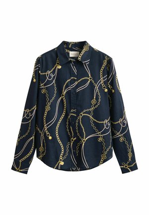 Marineblauw overhemd met knopen en lange mouwen, versierd met gouden en beige kettingpatronen over de stof, met een puntige kraag.