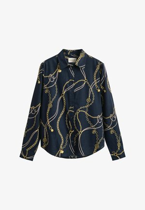 Marineblauw overhemd met knopen en lange mouwen, versierd met gouden en beige kettingpatronen over de stof, met een puntige kraag.