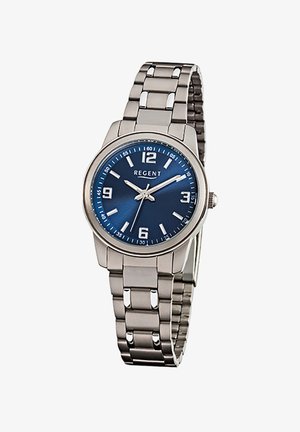 Montre-bracelet en métal argenté avec un cadran bleu affichant des index et aiguilles blanches, de marque "REGENT", indiquant l'heure 9:10:37.