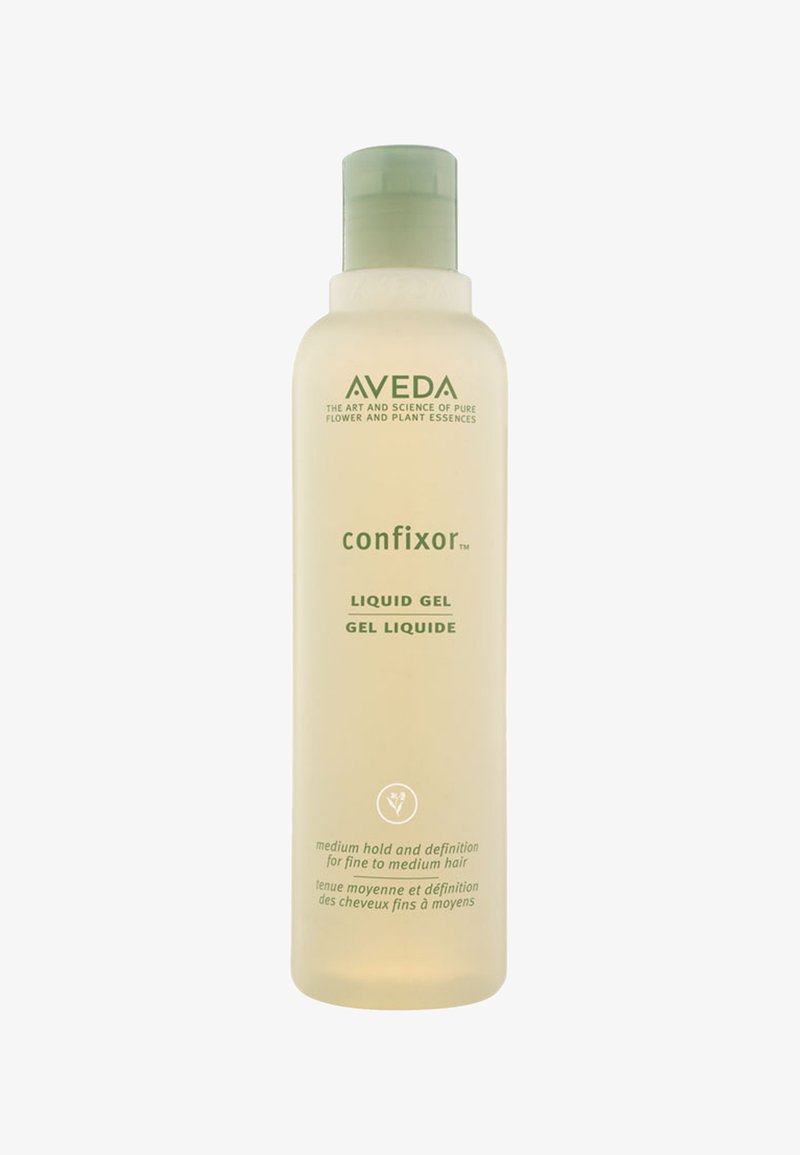 Aveda Confixir vätska gel i en klar flaska med ljusgul nyans. Utmärkt med ett grönt lock och tryckt text. Lämplig för fint till medelgrovt hår.
