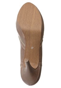 Brown high-heeled shoe with a pointed toe, textured leather upper, wooden sole, and white stitching details. Size 37 marked on the bottom.