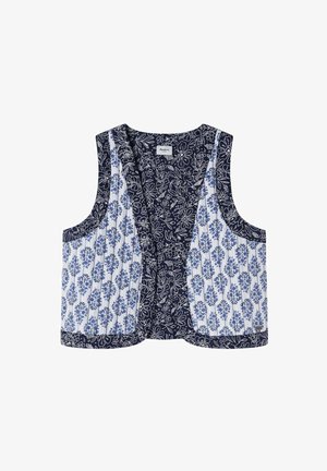 Ärmellose Weste mit einem navyblauen Blumenmuster auf einer Seite und einem kontrastierenden weißen und blauen gestreiften Muster auf der anderen Seite. Leichter Stoff.