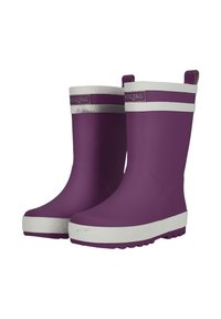 Violetit kumiset sade-saappaat valkoisilla yksityiskohdilla, joissa on sileä pinta, kestävä pohja ja tarttumiskahvat helpompaa pukeutumista varten.