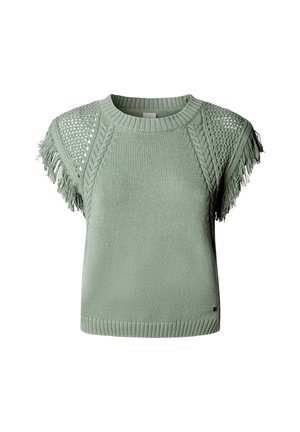 Hellgrünes, gestricktes ärmelloses Oberteil mit Fransen an den offenen Strick-Schulterpartien und gerippten Kanten.