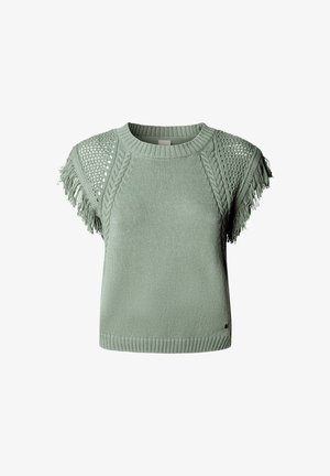Hellgrünes, gestricktes ärmelloses Oberteil mit Fransen an den offenen Strick-Schulterpartien und gerippten Kanten.