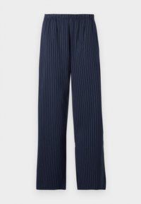Marineblauwe wijde broek met een streeppatroon, voorzien van een elastische tailleband en een zachte textuur.