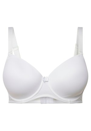 Weißer gepolsterter BH aus glattem Material, mit Unterstützung durch Bügel, verstellbaren Trägern und einem kleinen Schleifendetail in der Mitte vorne.