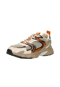Beige en bruine sneaker met gaasdetails, oranje accenten en een gestructureerde zool. Heeft een ronde neus en een gevoerde kraag.