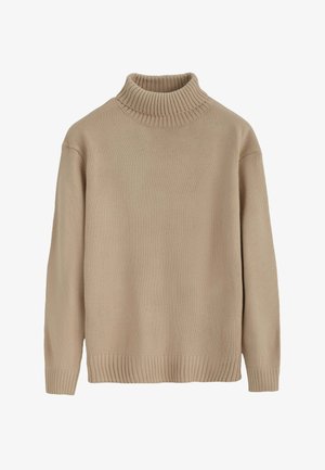 Pull col roulé beige avec col côtelé, poignets et ourlet; texture tricotée avec une coupe ample et manches longues.