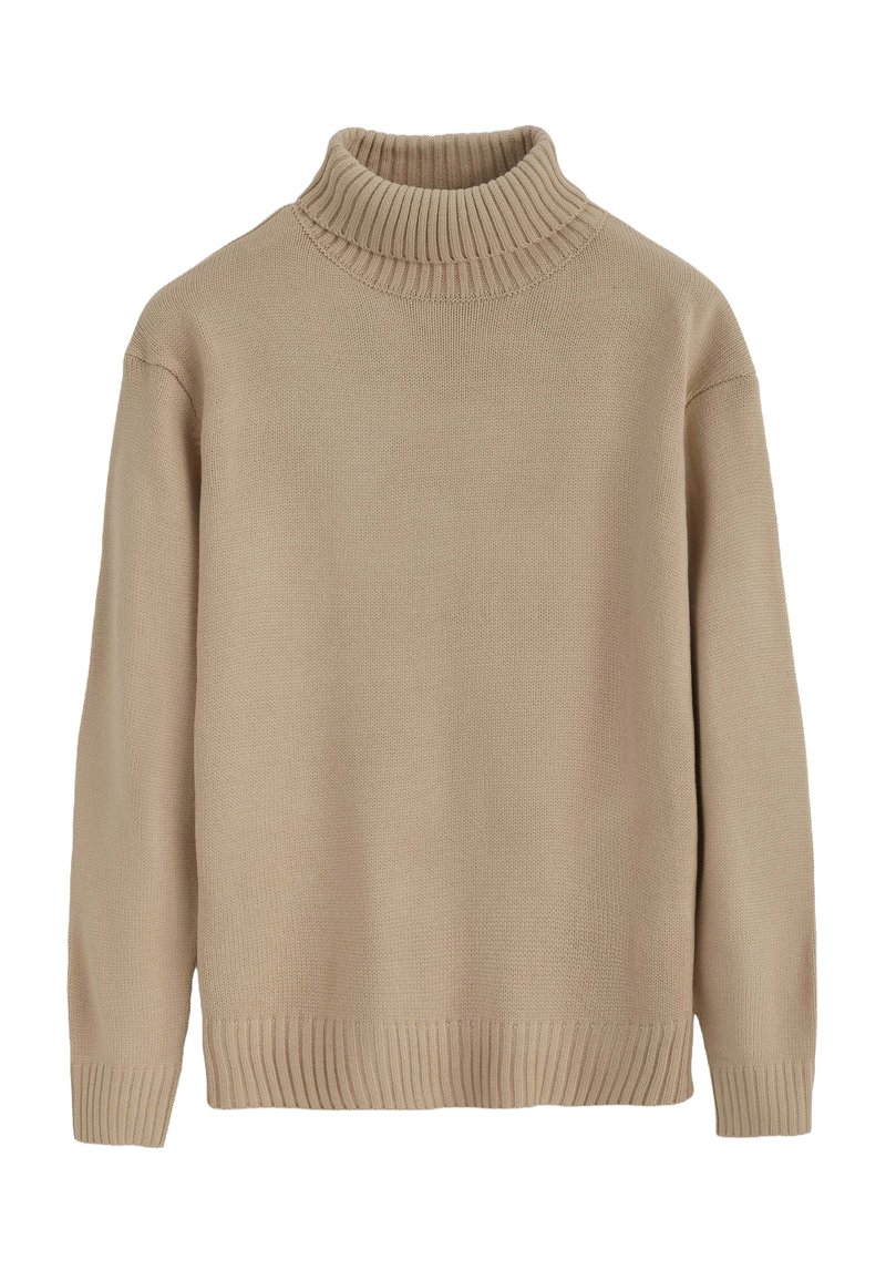 Pull col roulé beige avec col côtelé, poignets et ourlet; texture tricotée avec une coupe ample et manches longues.