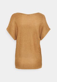 Kurzärmliger, locker sitzender Pullover aus hellbraunem Strick. Strukturiertes Muster mit geripptem Saum und Bündchen. Leichtes Material.