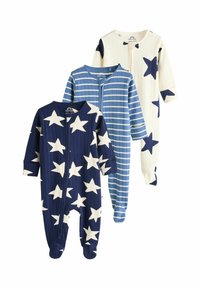 Trois grenouillères pour enfants : une marine avec des étoiles blanches, une bleue à rayures, et une crème avec des étoiles navy ; toutes présentent des manches longues et des fermetures éclair.