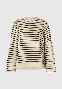 Svetle béžová mikina s černými horizontálními pruhy, kulatým výstřihem, dlouhými rukávy a volným střihem. Vyrobena z hladkého bavlněného materiálu.