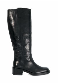 Botte en cuir noir de hauteur genou avec une texture lisse, un talon carré et un design de couture simple. Comprend une languette de tirage en haut.