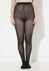 Collant neri opachi con vita alta. Texture liscia e vestibilità aderente, che si estende dalla vita alle punte dei piedi, con un leggero satinato.