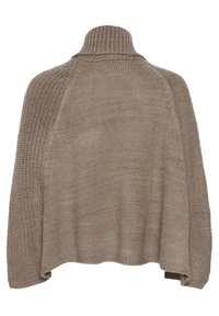 Beeziga kudumiga sviiter kõrge kaelustega, ribade ja tekstuursete mustritega, lahtine lõige ning külgmised lõhed mugavuse tagamiseks.