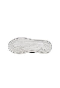 Suola di una sneaker, con una parte inferiore in gomma bianca testurizzata caratterizzata da un motivo a zigzag e un'etichetta di marca, delimitata da una intersuola nera.