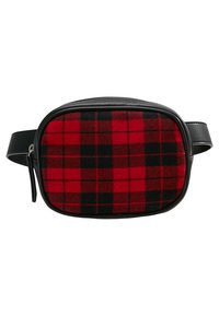 Tissu écossais rouge et noir avec une bordure en cuir noir, de forme ovale, et une poche zippée unique. Comprend une sangle ajustable.