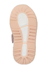 Suola di scarpa in gomma, rosa chiaro con dettagli bianchi. Presenta motivi di grip testurizzati e diverse scanalature per aderenza e flessibilità.