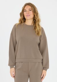 Bruine sweatshirt met lange mouwen, een ronde hals, een relaxte pasvorm, ribgebreide manchetten en een gladde textuur, gecombineerd met bijpassende broek, wat eenvoud uitstraalt.