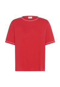 Red short-sleeve t-shirt made of soft cotton, featuring a round neckline and white contrast stitching along the cuffs and hem.