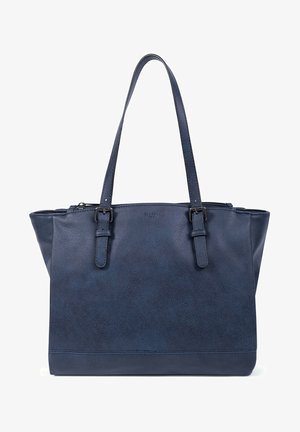 Navy blue tote bag made of textured leather, featuring two long handles and a zippered top closure. Stitched accents on edges.
