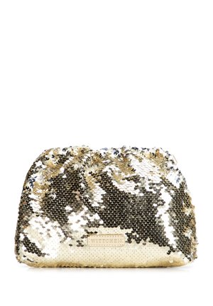 Pequeño bolso de color dorado cubierto con lentejuelas brillantes y una etiqueta que dice "Wittchen" en el centro delantero.