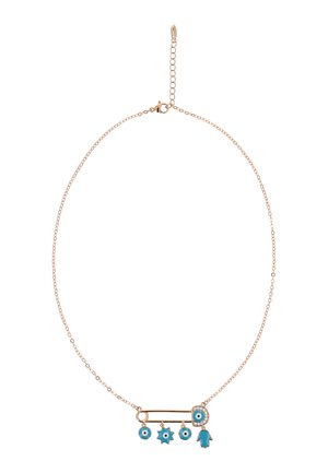 Finom arany lánc nyaklánc biztonsági tű medállal, amely kék gonosz szem és hamsa kéz medálokat tartalmaz, némelyik apró kristálydíszítéssel.