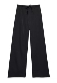 Pantaloni neri a gamba larga con vita elasticizzata e lacci, disposti piatti su uno sfondo bianco.