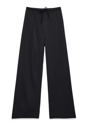 Čierne široké nohavice s elastickým pásom a šnúrkou, rozložené na bielom pozadí.