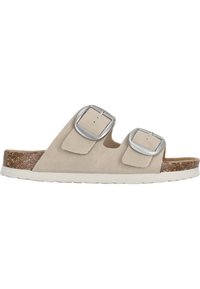 Beige mockasinsandaler i mocka med två justerbara silverfärgad spännen, korkfotbädd och vit gummisula. Böjd design med platt profil.