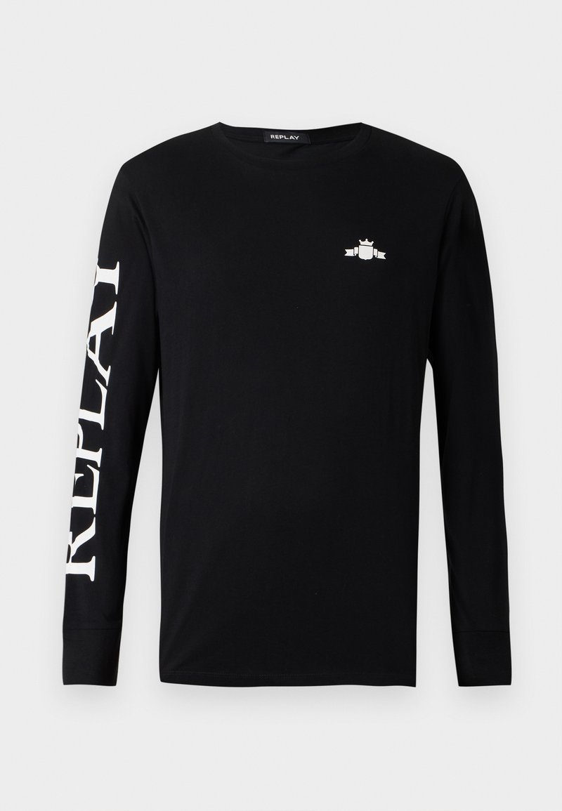 Schwarzes Langarm-T-Shirt aus Baumwolle. Mit weißem "REPLAY"-Text auf dem linken Ärmel und einem kleinen Logo auf der Brust. Klassische Passform.