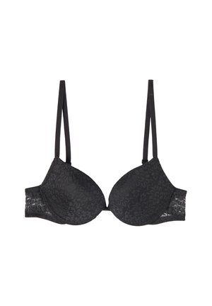 Schwarzer Spitzen-BH mit vorgeformten Cups, verstellbaren Trägern und einem strukturierten Blumenmuster. Verfügt über einen Haken- und Ösenverschluss auf der Rückseite.