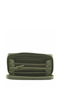Portafoglio in pelle verde con chiusura a zip, più scomparti per carte e un comparto centrale con zip. Superficie testurizzata e dettagli in metallo color oro.