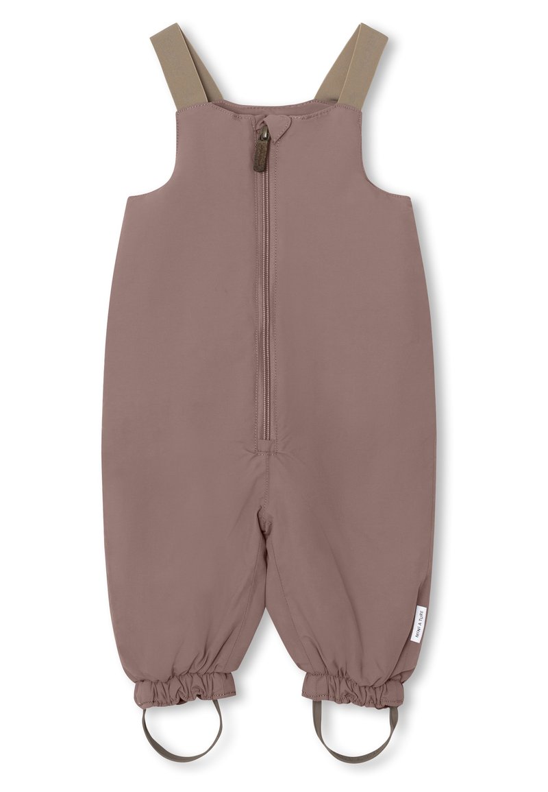 Rødbrune barneoverall med glidelås foran, elastiske mansjetter og justerbare beige stropper. Har et lite logo merket på siden.