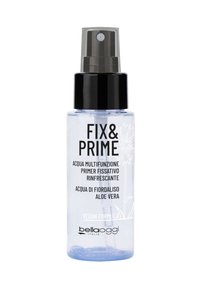 Spray per il trucco vegan Fix & Prime, primer multifunzionale con acqua di fiordaliso e aloe vera di Bellaoggi Italia.