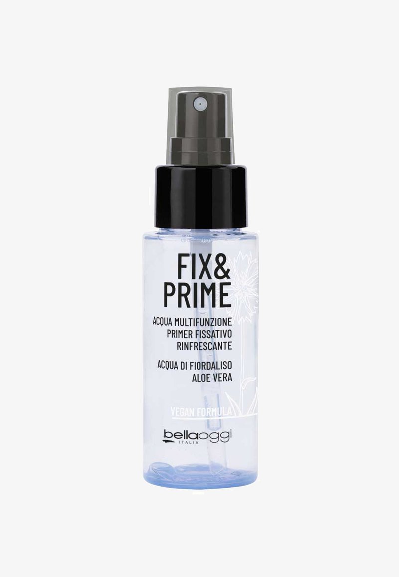 Spray per il trucco vegan Fix & Prime, primer multifunzionale con acqua di fiordaliso e aloe vera di Bellaoggi Italia.