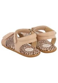 Beige sandalen met een glinsterende band, open ontwerp en een binnenzool met luipaardprint. Heeft verstelbare sluitingen voor een goede pasvorm en comfort.