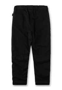 Schwarze Baumwollhosen mit elastischem Bund, geradem Bein und ohne sichtbare Beschläge oder Muster.