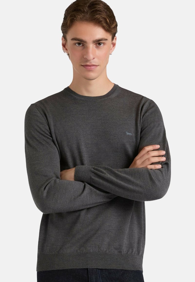 Maglione grigio scuro in maglia con maniche lunghe e scollo rotondo. Presenta un logo sottile sul petto e polsini e orlo a coste.